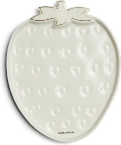 Riviera Maison Serveerschaal Aardbei, Zomers Serveerbord Voor Fruit - Tasty Strawberry Serving Dish - Wit / Goud - Porselein - 1 Stuk