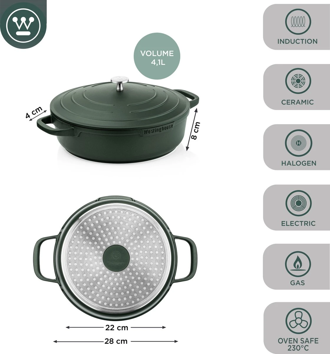 Westinghouse Performance Series - Hapjespan Inductie Met Deksel - 28cm Sauteerpan - Oven Geschikt - Groen Westinghouse Performance Series - Hapjespan Inductie Met Deksel - 28cm Sauteerpan - Oven Geschikt - Groen -Le Creuset Winkel 1120x1200 5