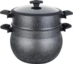 Royal Swiss Couscouspan - Couscoussier - Stoompan - 8L - Alle Warmtebronnen - Aluminium Stone-coated - Glazen Deksel - ZWART -Le Creuset Winkel 1200x1049 2