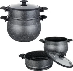 Royal Swiss Couscouspan - Couscoussier - Stoompan - 8L - Alle Warmtebronnen - Aluminium Stone-coated - Glazen Deksel - ZWART -Le Creuset Winkel 1200x1170 3