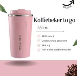 Thermosbeker - Koffiebeker To Go - Travel Mug - Dubbelwandig, RVS & Lekvrij - Thermosbeker Koffie - 380 ML – Roze -Le Creuset Winkel 1200x1184 3