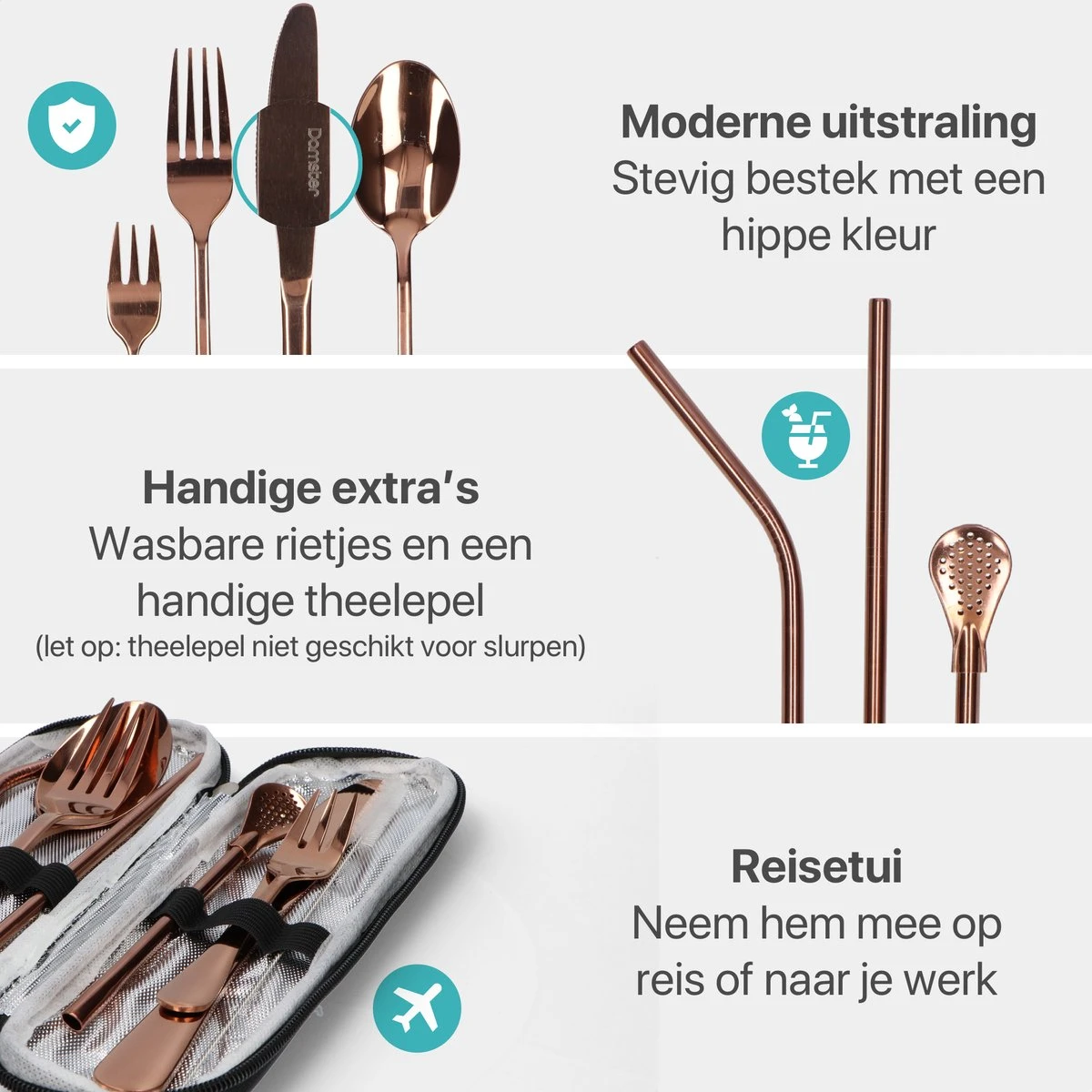 Damster reisbestek - Verbeterde versie - Meeneem bestek rvs - reis bestekset to go - incl. herbruikbare rietjes - Eenpersoons - Achtdelig - Roodgoud Damster Reisbestek - Verbeterde Versie - Meeneem Bestek Rvs - Reis Bestekset To Go - Incl. Herbruikbare Rietjes - Eenpersoons - Achtdelig - Roodgoud -Le Creuset Winkel 1200x1200 1707