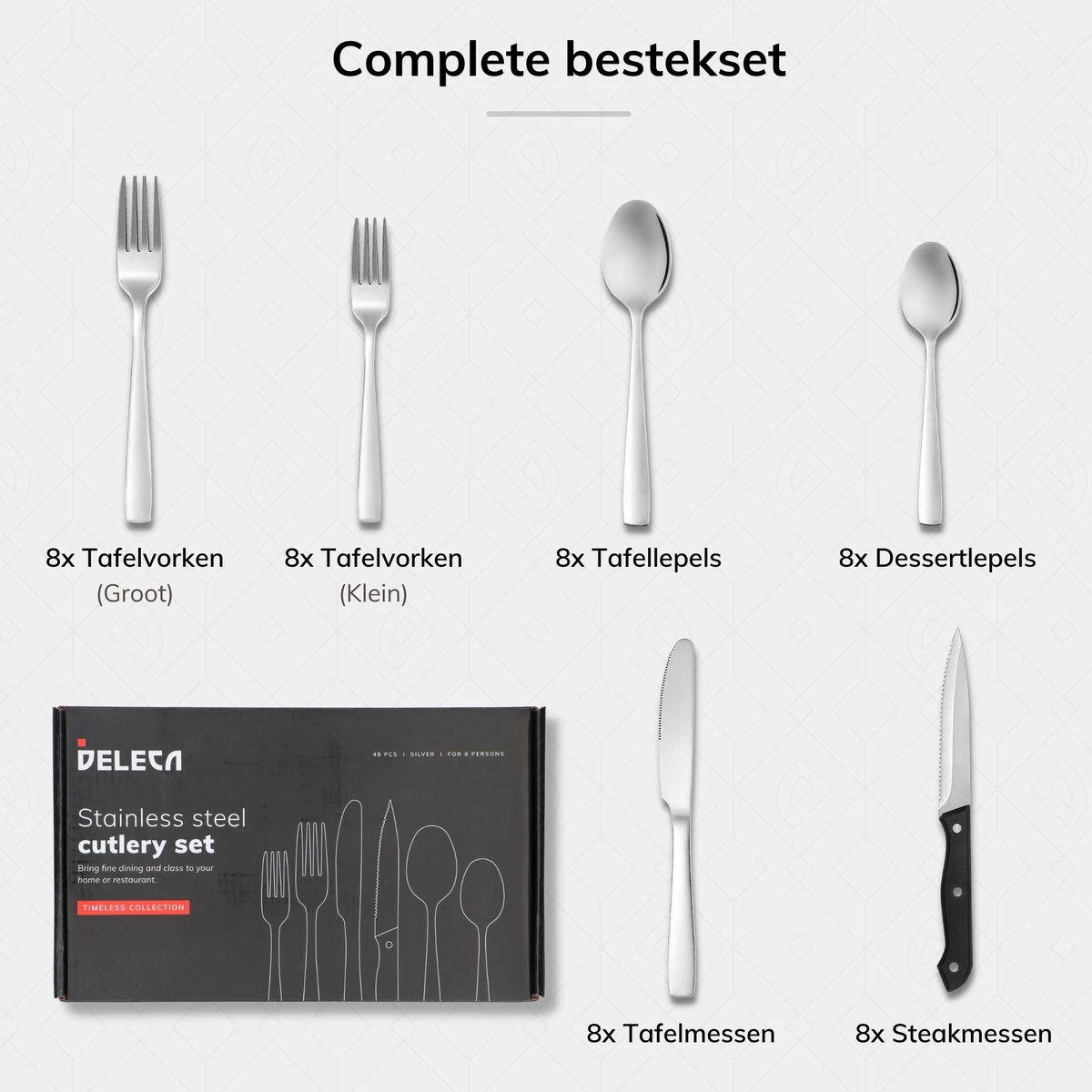 Deleca 8 Persoons Bestekset (48-delig) - Lepels, Messen, Vorken & Steakmessen - Vaatwasserbestendig - Zilver / RVS Deleca 8 Persoons Bestekset (48-delig) - Lepels, Messen, Vorken & Steakmessen - Vaatwasserbestendig - Zilver / RVS -Le Creuset Winkel 1200x1200 1736