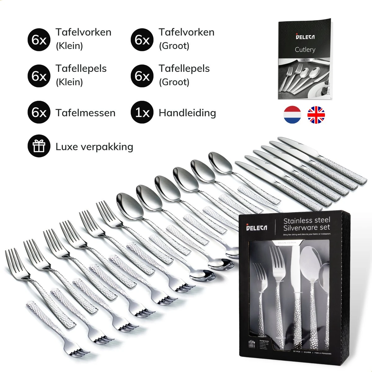 Deleca 6 Persoons Bestekset Deluxe (30-delig) - Vorken, Lepels en Messen - Vaatwasserbestendig - Gehamerd - Zilver / RVS Deleca 6 Persoons Bestekset Deluxe (30-delig) - Vorken, Lepels En Messen - Vaatwasserbestendig - Gehamerd - Zilver / RVS -Le Creuset Winkel 1200x1200 1756
