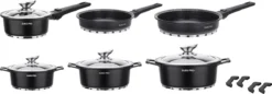 Swiss Pro+ | Set 14 Delige Pannenset | Inductie - Pannensets - Glazen Deksel - Met Afneembare Handgreep - Marmeren Interieur -PFAS-vrij | Black (Zwart) -Le Creuset Winkel 1200x416