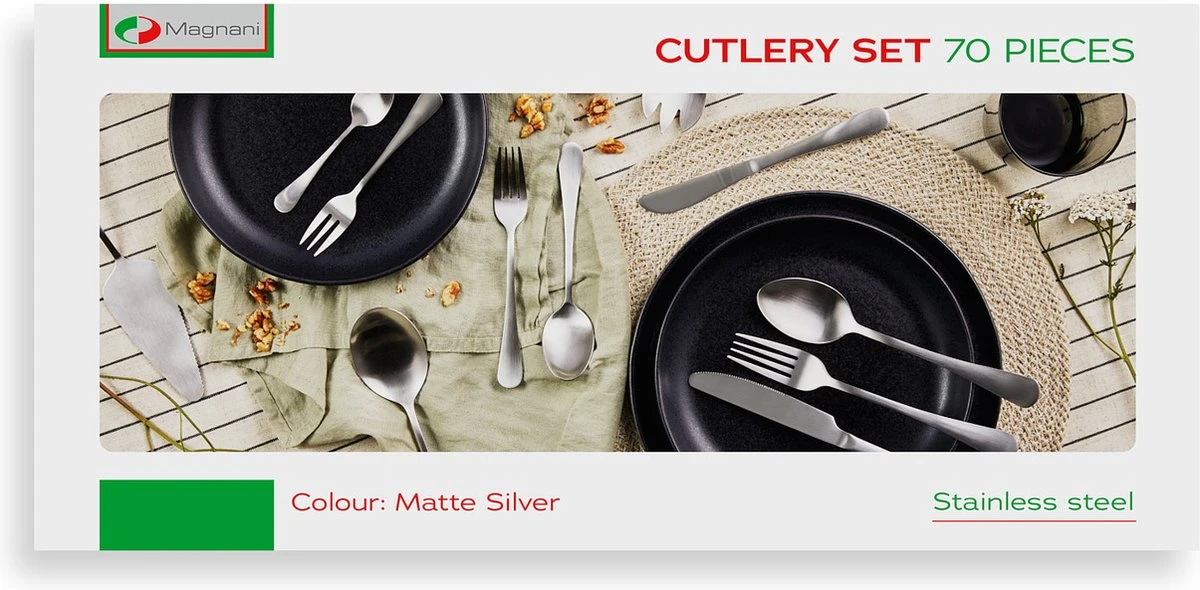 Magani - Zilveren Bestekset - Roestvrij Staal - 70-delig - voor Acht Personen - PVD Coating Magani - Zilveren Bestekset - Roestvrij Staal - 70-delig - Voor Acht Personen - PVD Coating -Le Creuset Winkel 1200x590 4