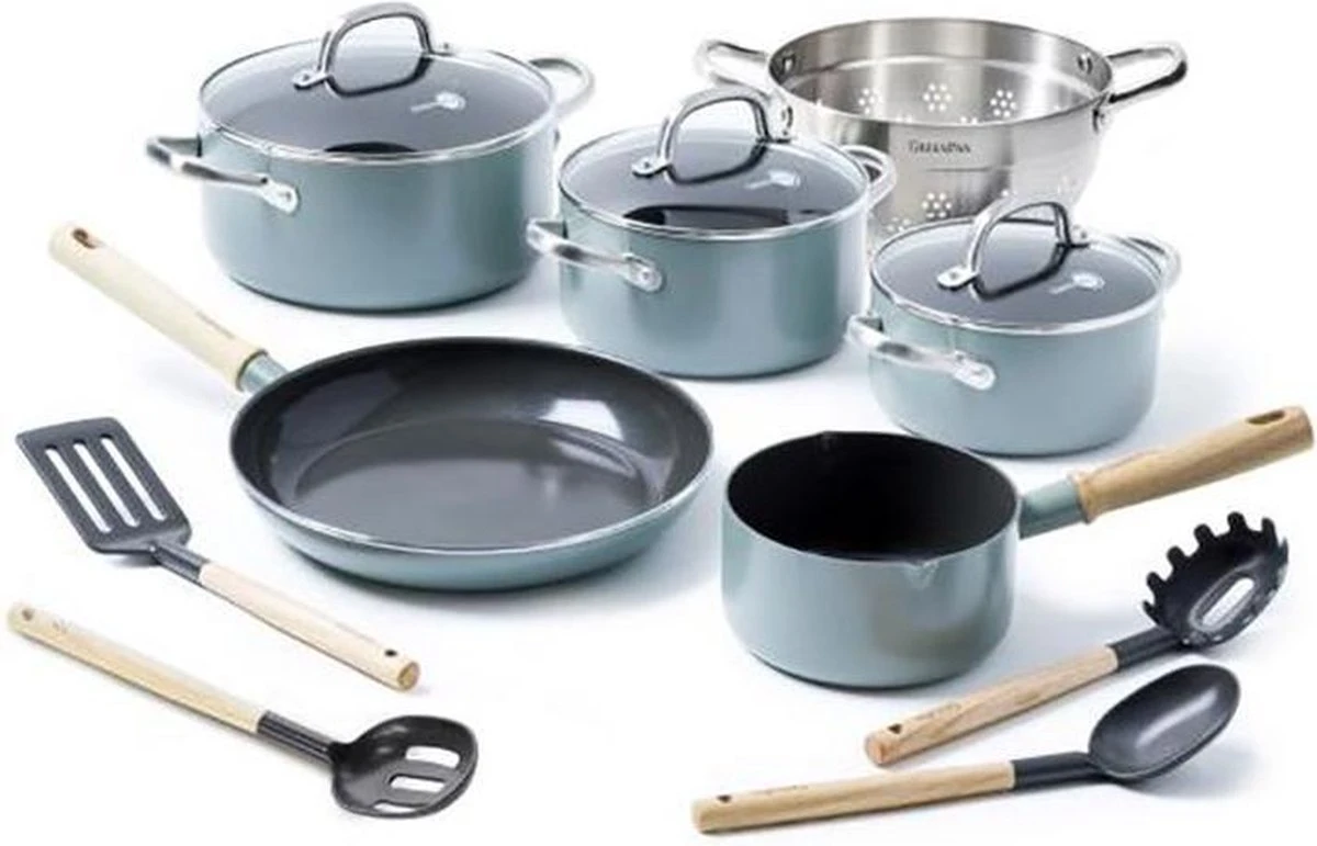 GreenPan Mayflower pannenset - 5-delig + 5 accessoires - lichtblauw - inductie - PFAS-vrij GreenPan Mayflower Pannenset - 5-delig + 5 Accessoires - Lichtblauw - Inductie - PFAS-vrij -Le Creuset Winkel