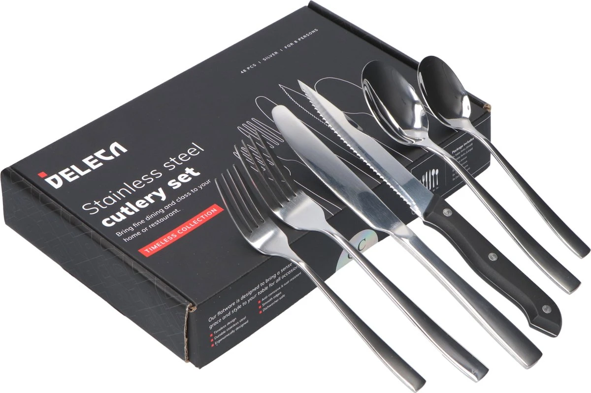 Deleca 8 Persoons Bestekset (48-delig) - Lepels, Messen, Vorken & Steakmessen - Vaatwasserbestendig - Zilver / RVS Deleca 8 Persoons Bestekset (48-delig) - Lepels, Messen, Vorken & Steakmessen - Vaatwasserbestendig - Zilver / RVS -Le Creuset Winkel 1200x799 151
