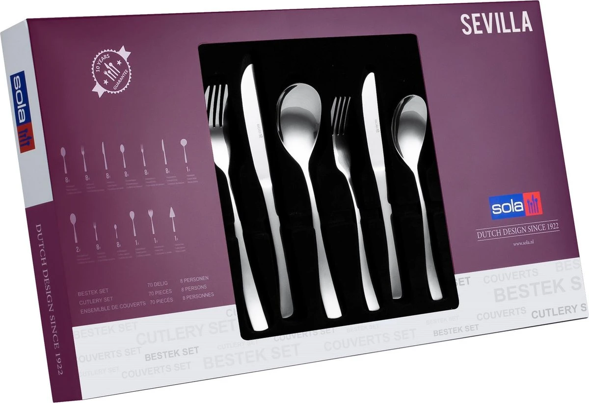 Sola Bestekset Sevilla - Economy - 8 persoons - 70 delig - Zilver Chroomstaal 18/0 - RVS Sola Bestekset Sevilla - Economy - 8 Persoons - 70 Delig - Zilver Chroomstaal 18/0 - RVS -Le Creuset Winkel 1200x821 5