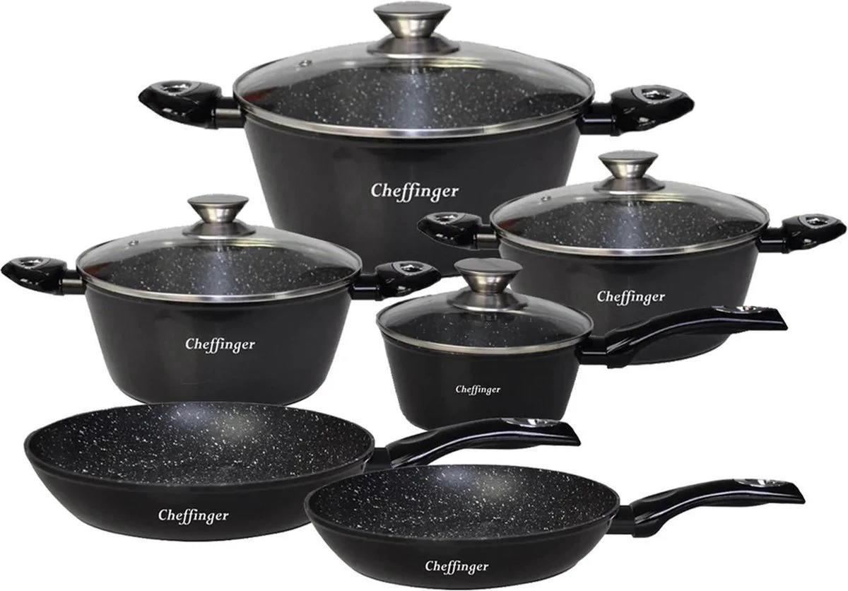 Cheffinger Pannenset - 10 delig - Marmeren coating - Inductie - Met glazen deksels - Zwart Cheffinger Pannenset - 10 Delig - Marmeren Coating - Inductie - Met Glazen Deksels - Zwart -Le Creuset Winkel 1200x836 2
