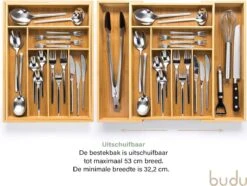 Budu Uitschuifbare Bamboe Bestekbak #43 (43 Cm Diep) - Bestekcassette Hout - Besteklade - 43 X 32,2 - 53 Cm - 6/8 Vakken -Le Creuset Winkel 1200x903 6