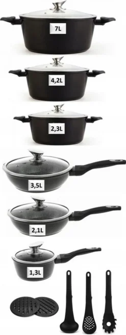Pannenset - Kookpan - Inductie - 15 Delig Marmeren Coating - Zwart -Le Creuset Winkel 452x1200